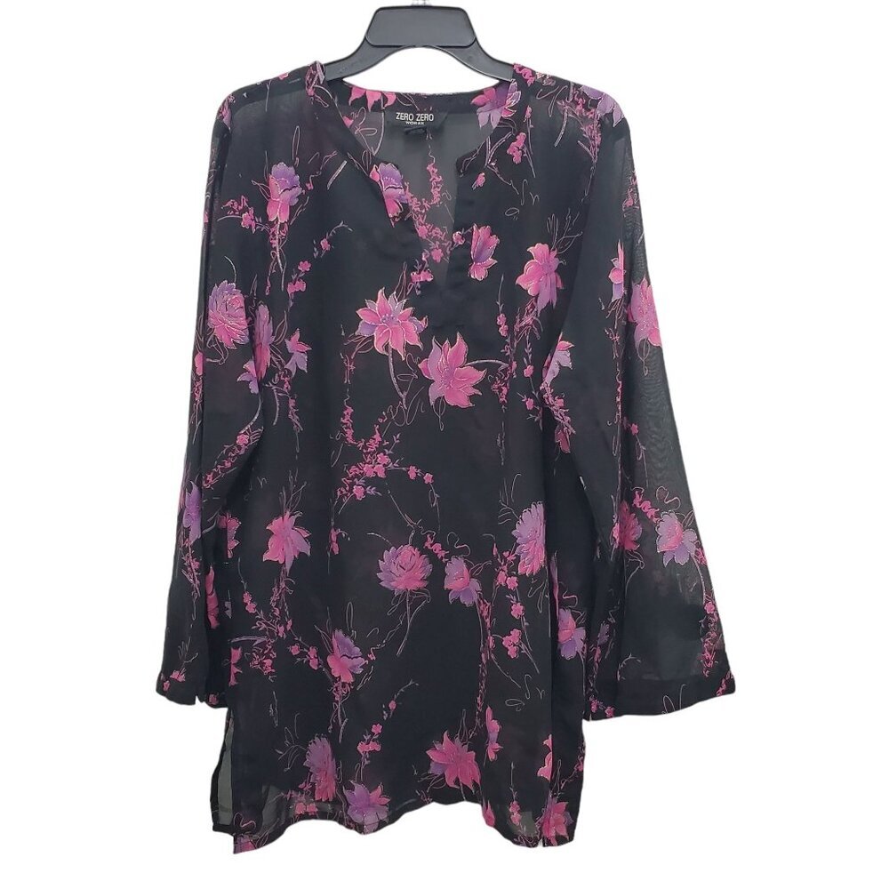 Zero Zero Woman's Black Pink Silver Glitter Floral Sheer Top Plus Size 3X‎
